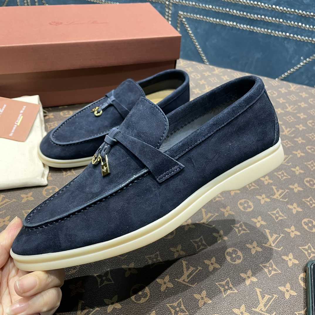 Loro Piana Summer Charms Walk Suede Loafers In Caviar - DopestKickz