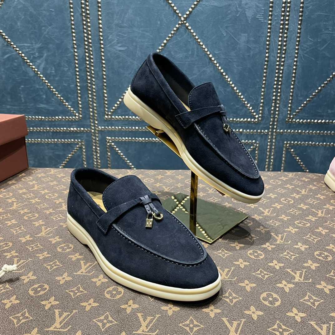Loro Piana Summer Charms Walk Suede Loafers In Caviar - DopestKickz