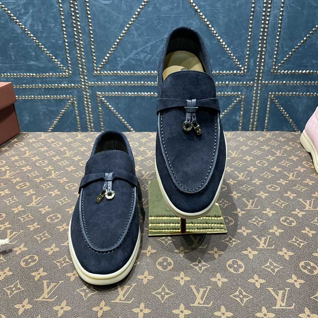 Loro Piana Summer Charms Walk Suede Loafers In Caviar - DopestKickz