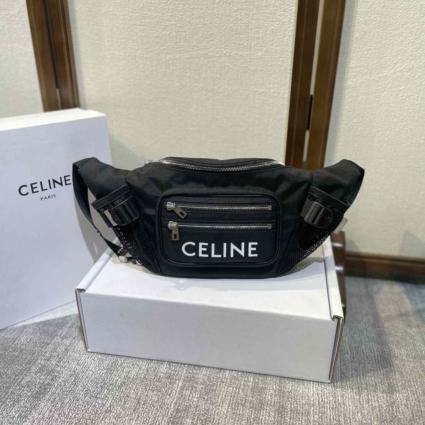 Celine Large Zipped Belt Bag Trekking In Nylon With Celine Print Black - DopestKickz