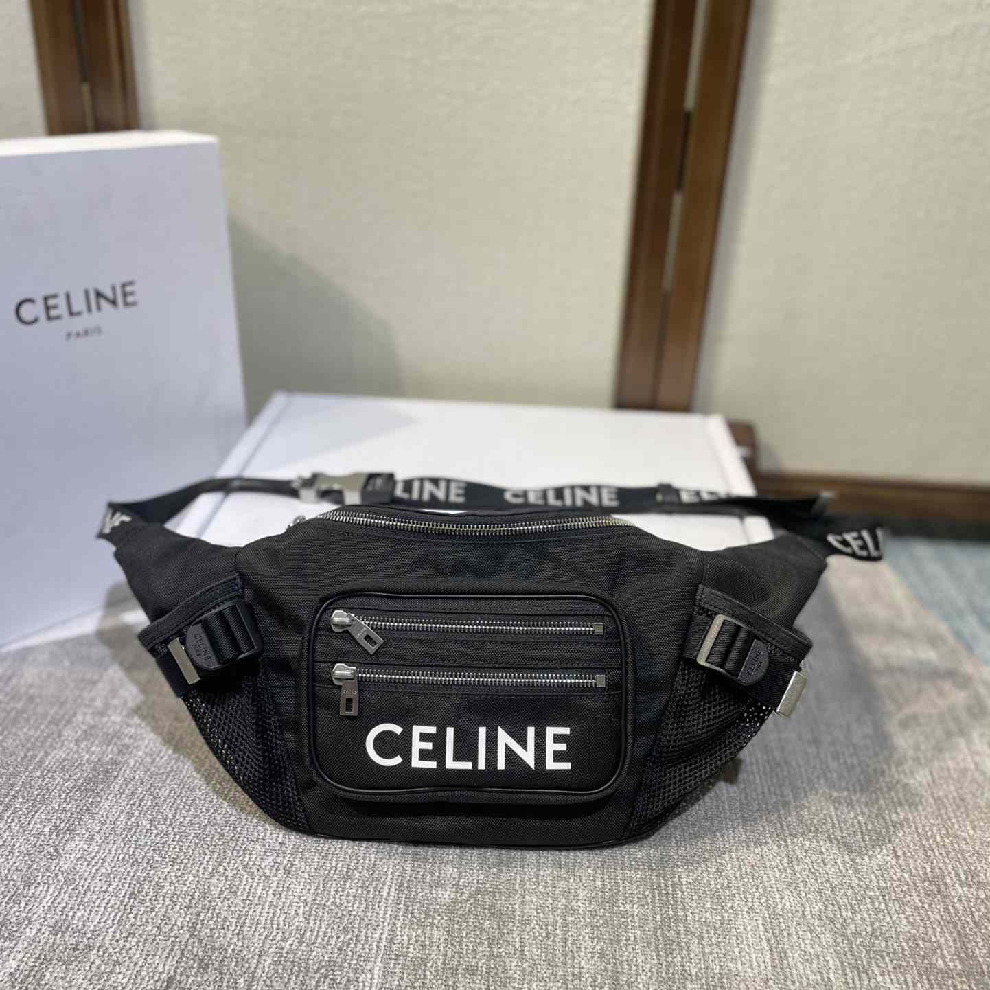 Celine Large Zipped Belt Bag Trekking In Nylon With Celine Print Black - DopestKickz