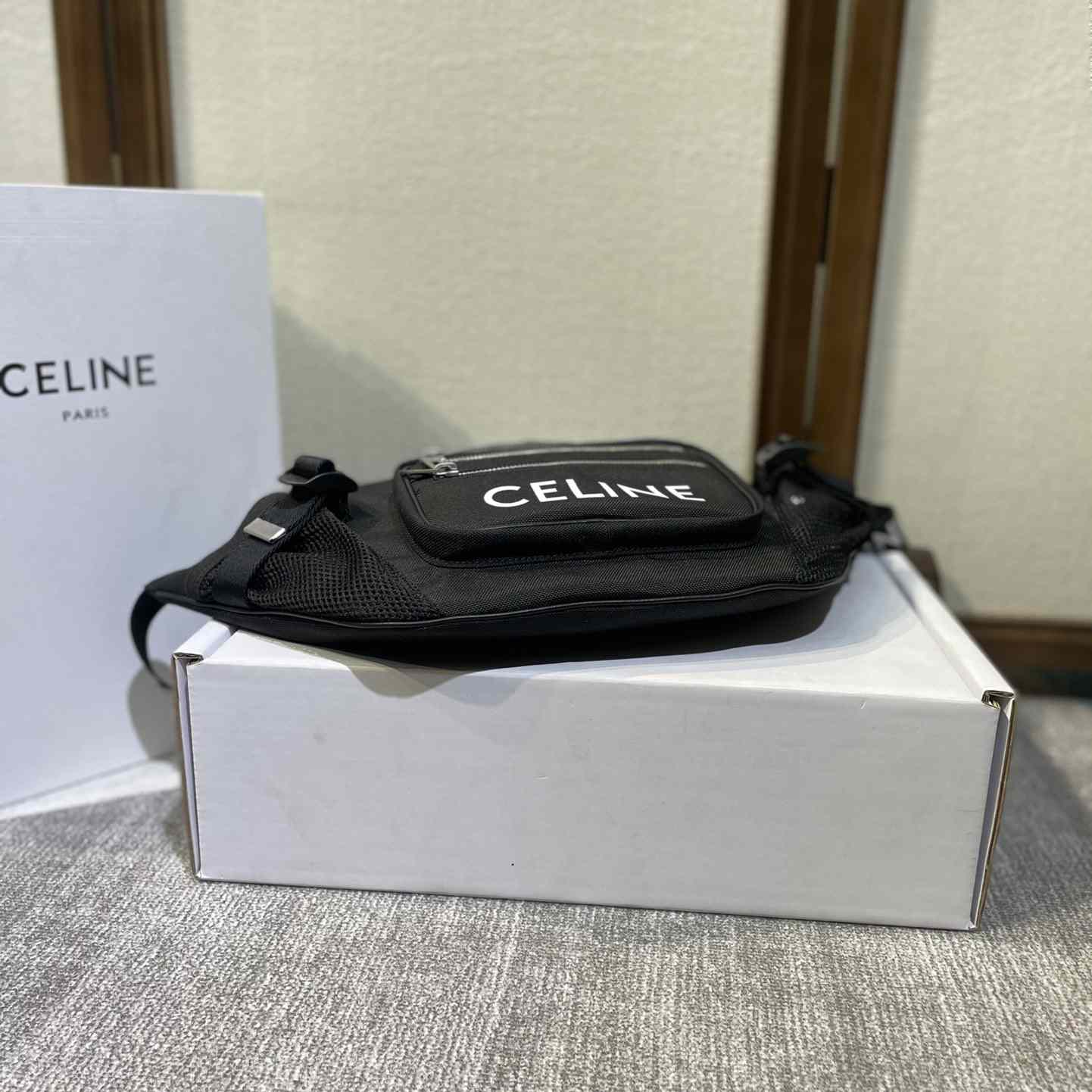 Celine Large Zipped Belt Bag Trekking In Nylon With Celine Print Black - DopestKickz
