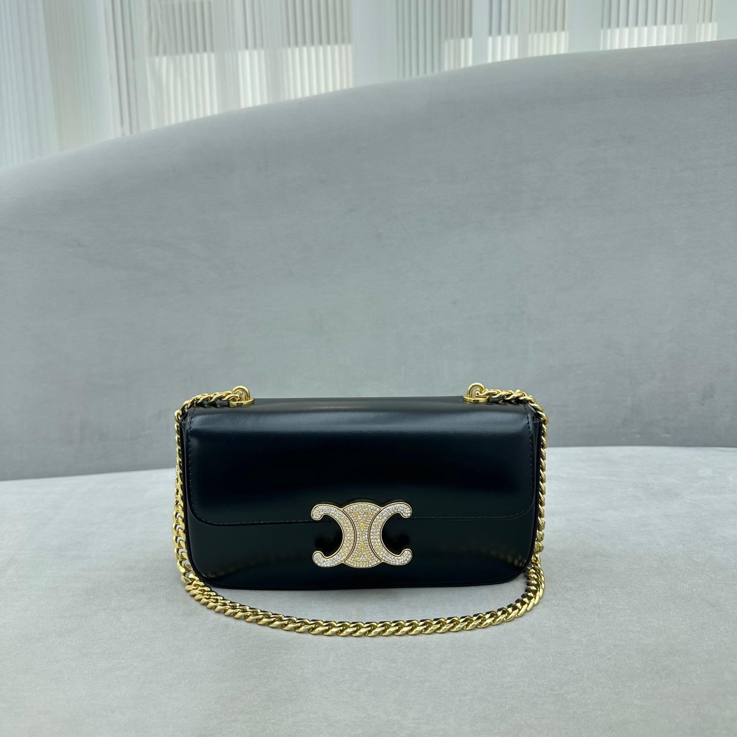 Celine Chain Shoulder Bag Triomphe With Strass Closure In Shiny Calfskin  - DopestKickz