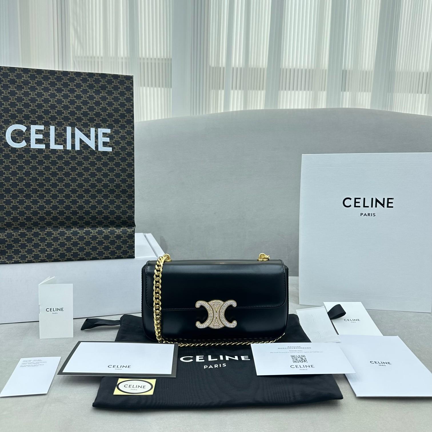 Celine Chain Shoulder Bag Triomphe With Strass Closure In Shiny Calfskin  - DopestKickz