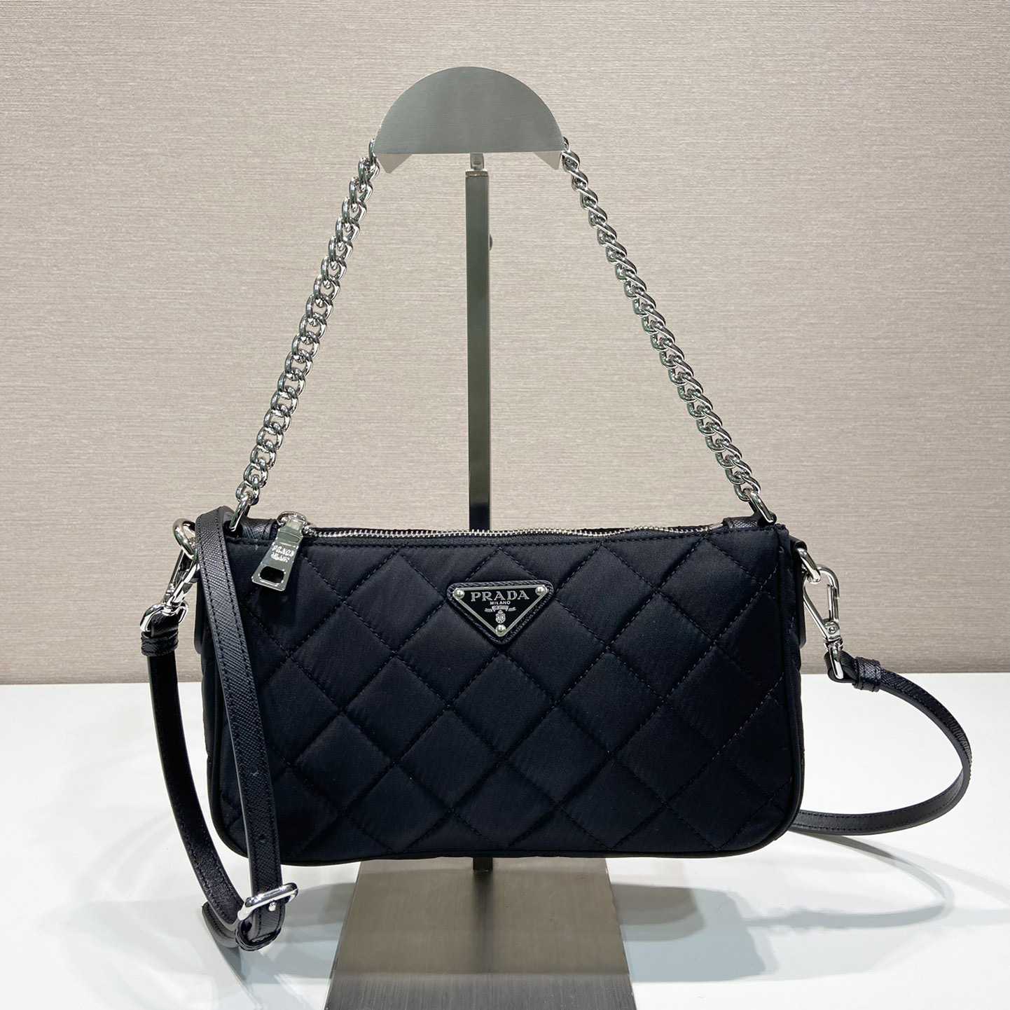 Prada Tessuto Nylon Quilted Chain Convertible Crossbody Bag - DopestKickz