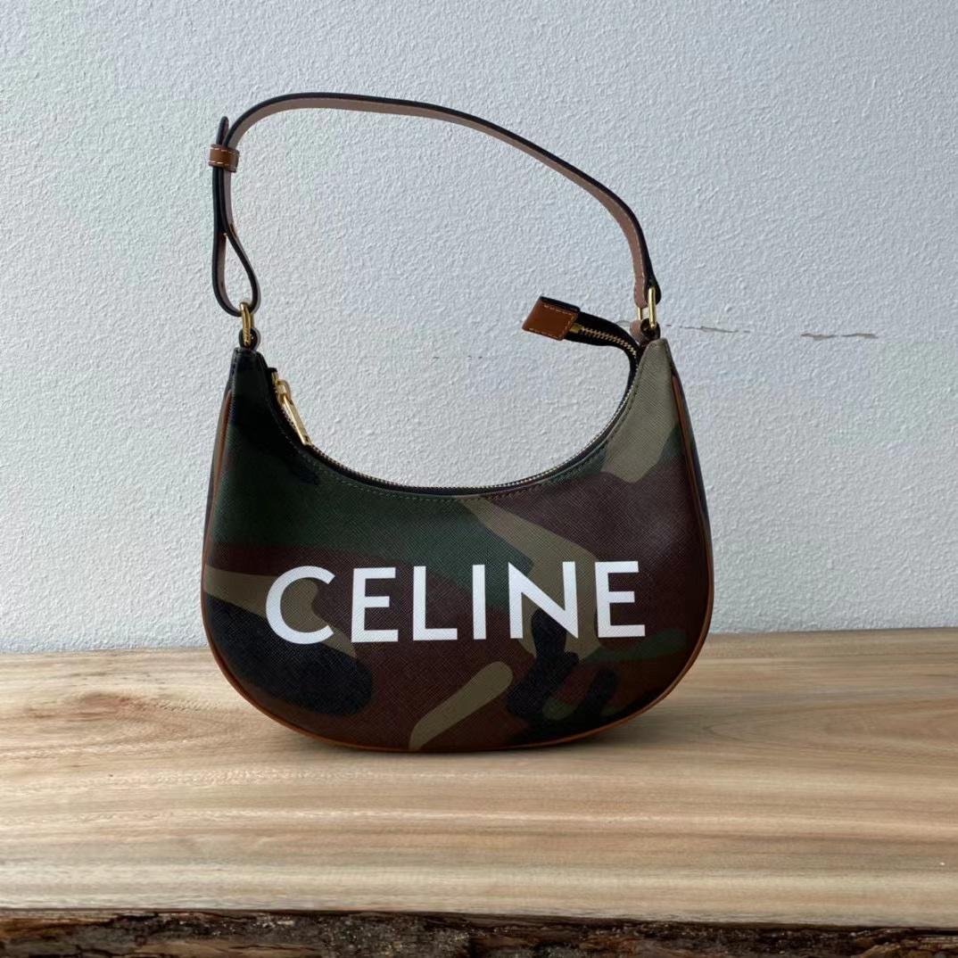 Celine Canvas Calfskin Camouflage Ava Logo Triomphe Shoulder Bag Khaki (24.5-18-7.5cm) - DopestKickz