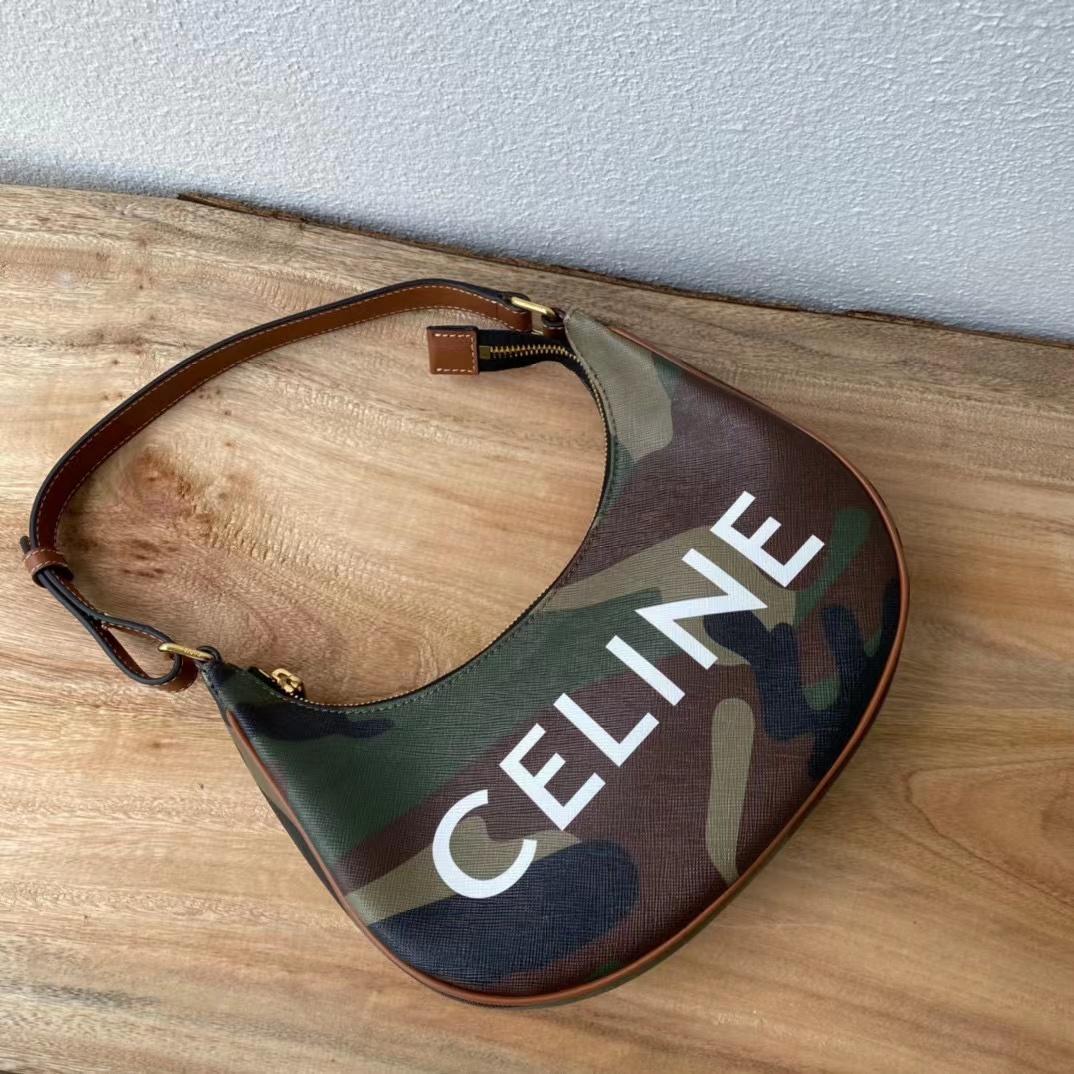 Celine Canvas Calfskin Camouflage Ava Logo Triomphe Shoulder Bag Khaki (24.5-18-7.5cm) - DopestKickz