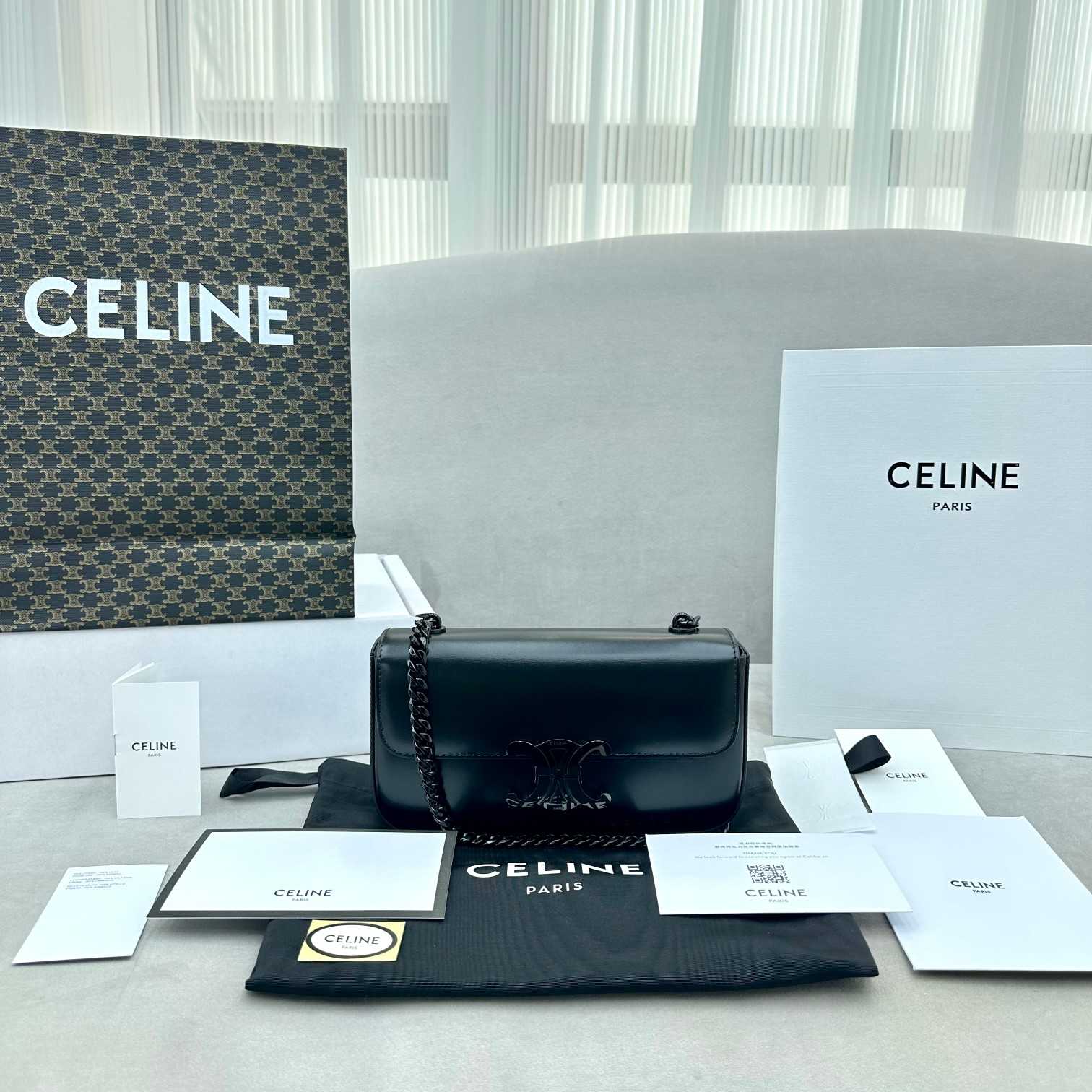 Celine Chain Shoulder Bag Triomphe In Shiny Calfskin - DopestKickz
