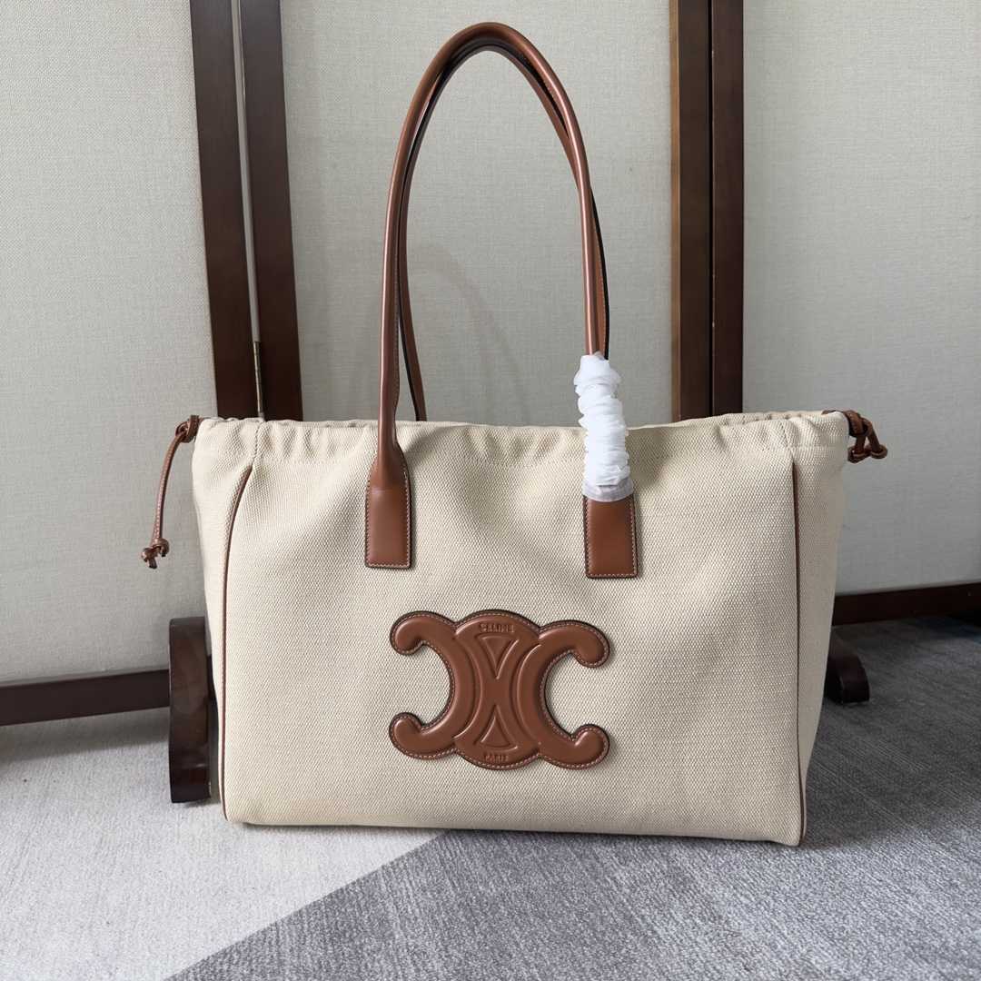Celine Cabas Drawstring Cuir Triomphe In Textile And Calfskin Natural / Tan - DopestKickz