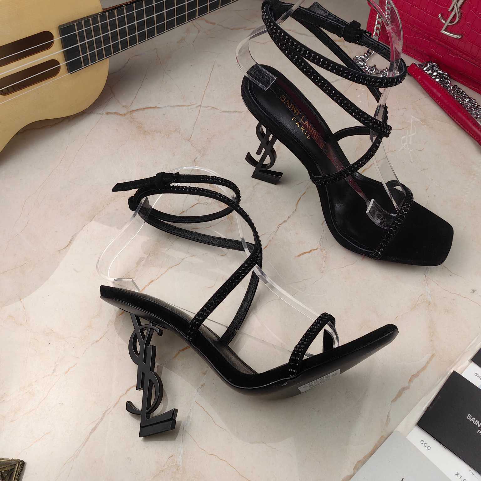 Saint Laurent Opyum Sandals In Crepe Satin And Rhinestones  - DopestKickz