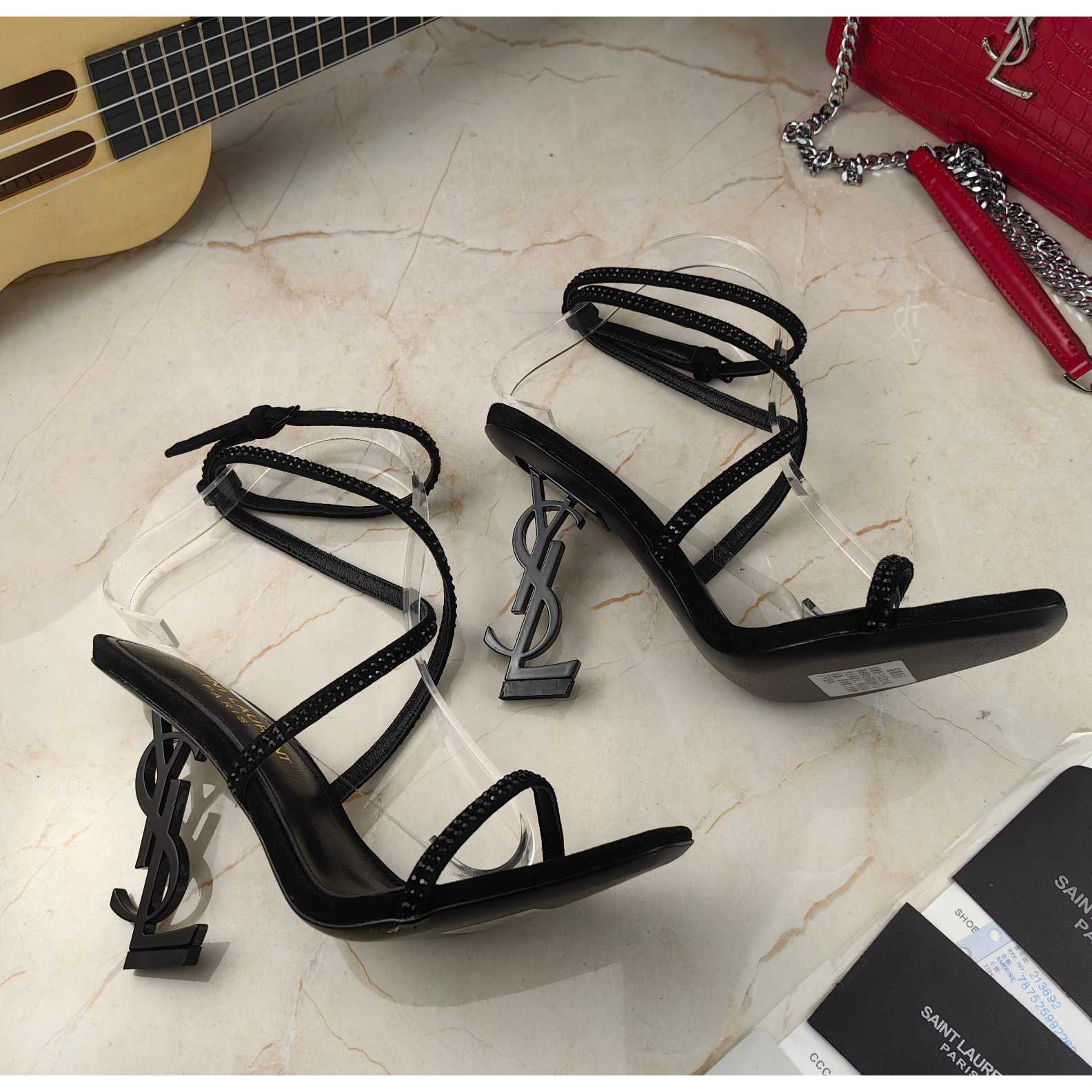 Saint Laurent Opyum Sandals In Crepe Satin And Rhinestones  - DopestKickz