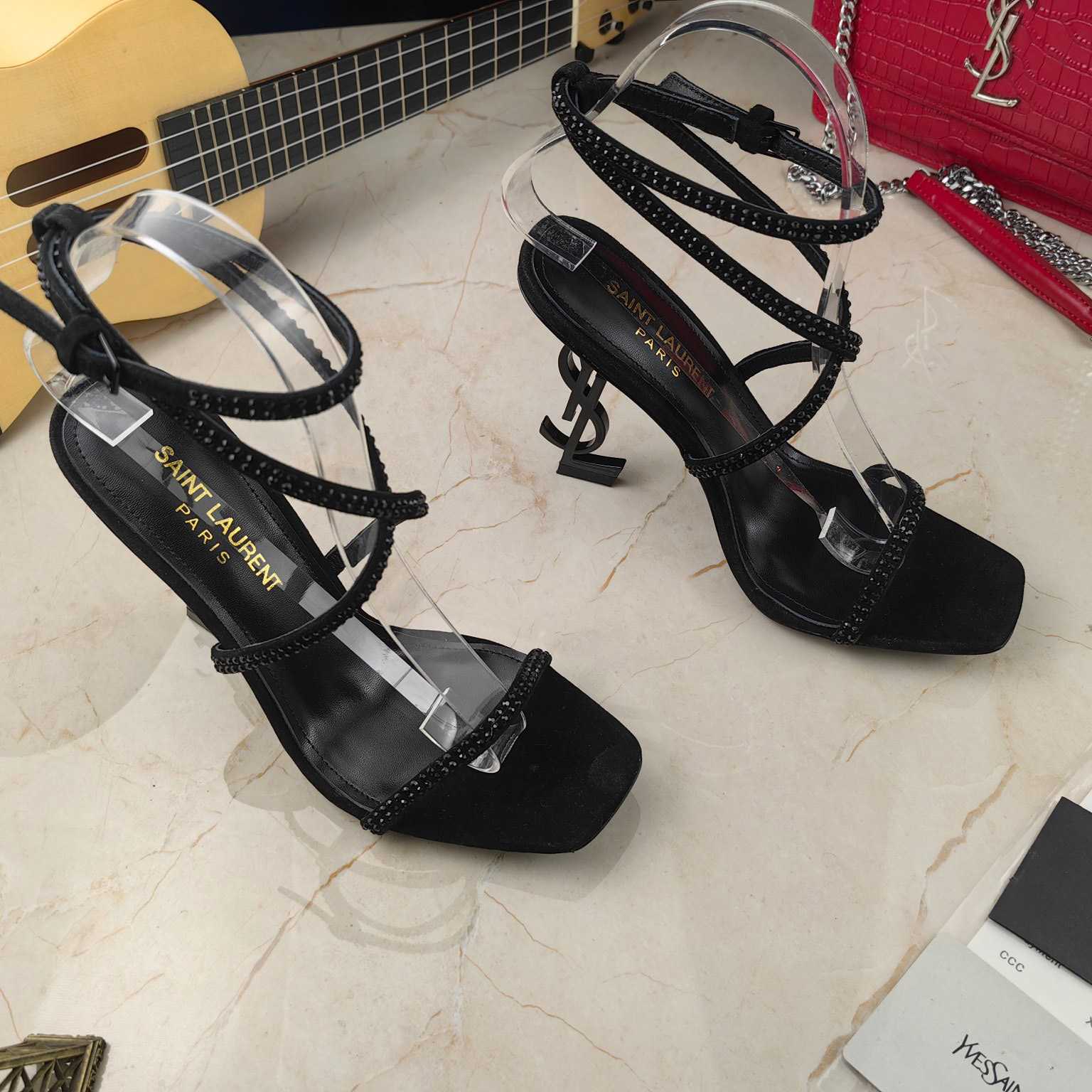 Saint Laurent Opyum Sandals In Crepe Satin And Rhinestones  - DopestKickz