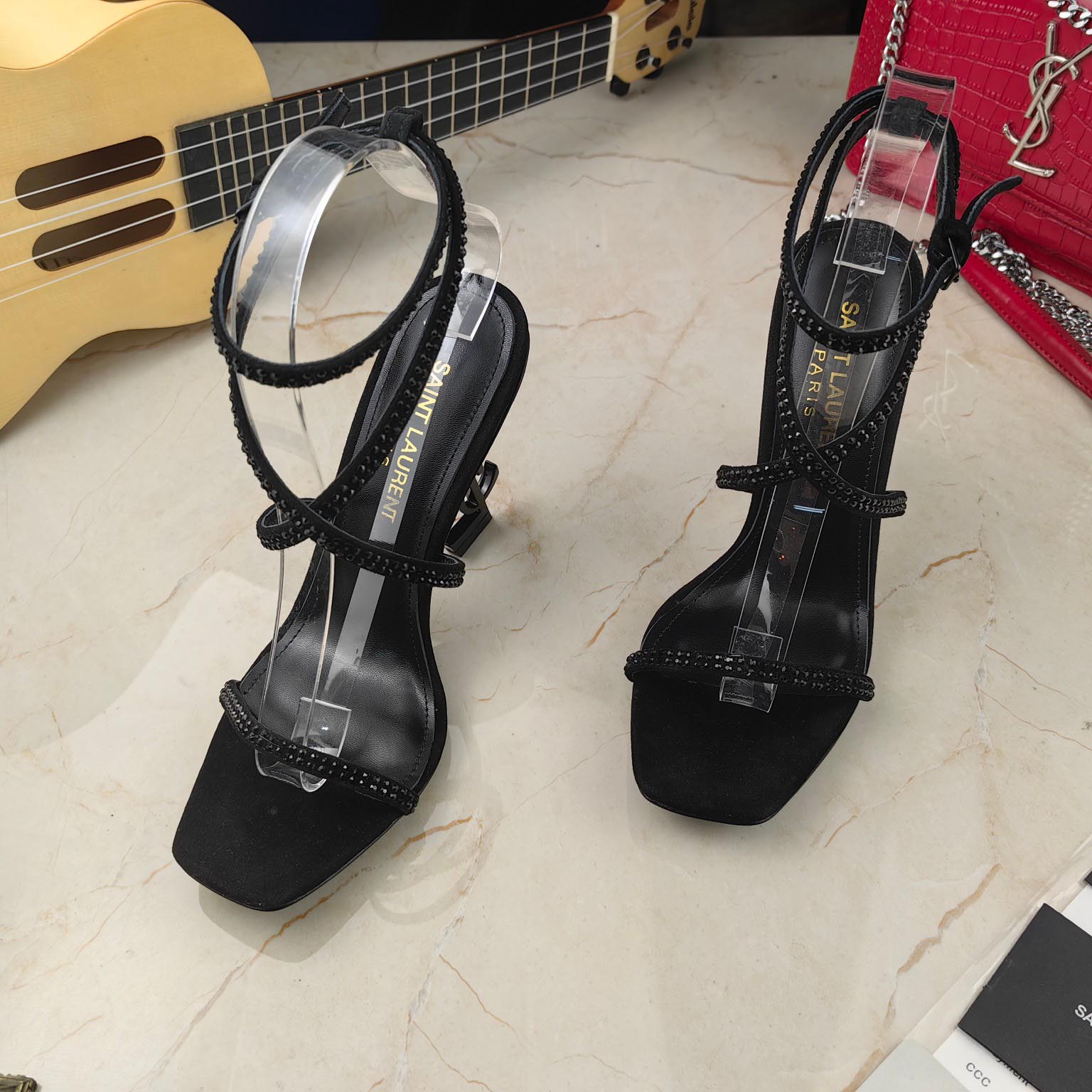 Saint Laurent Opyum Sandals In Crepe Satin And Rhinestones  - DopestKickz