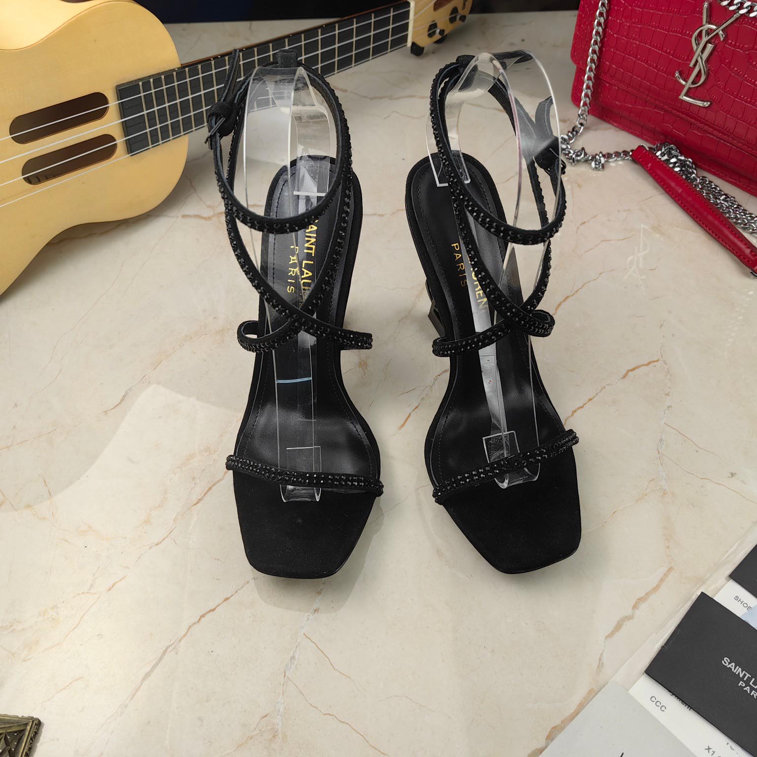 Saint Laurent Opyum Sandals In Crepe Satin And Rhinestones  - DopestKickz