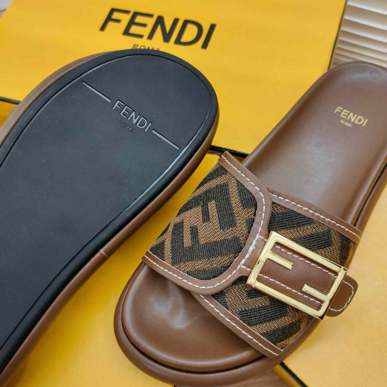 Fendi Feel Brown Fabric Slides - DopestKickz