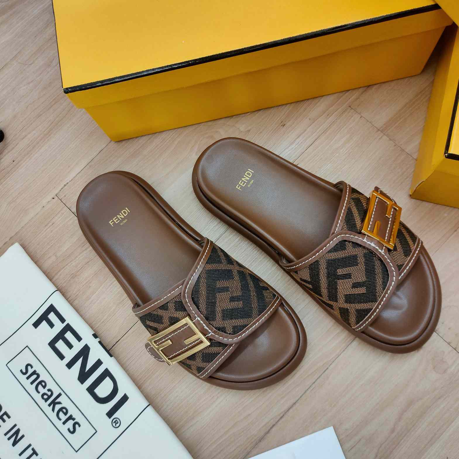Fendi Feel Brown Fabric Slides - DopestKickz
