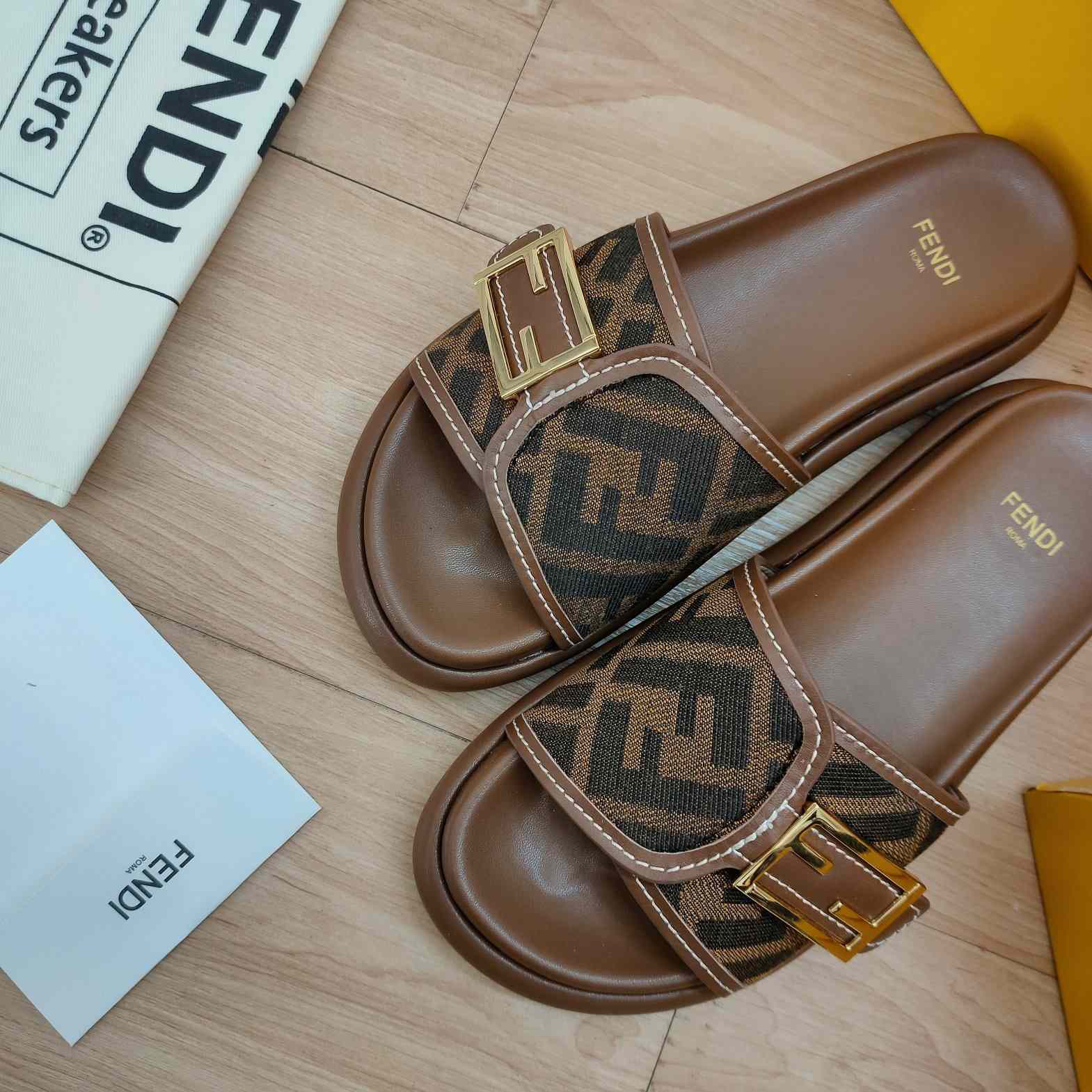 Fendi Feel Brown Fabric Slides - DopestKickz