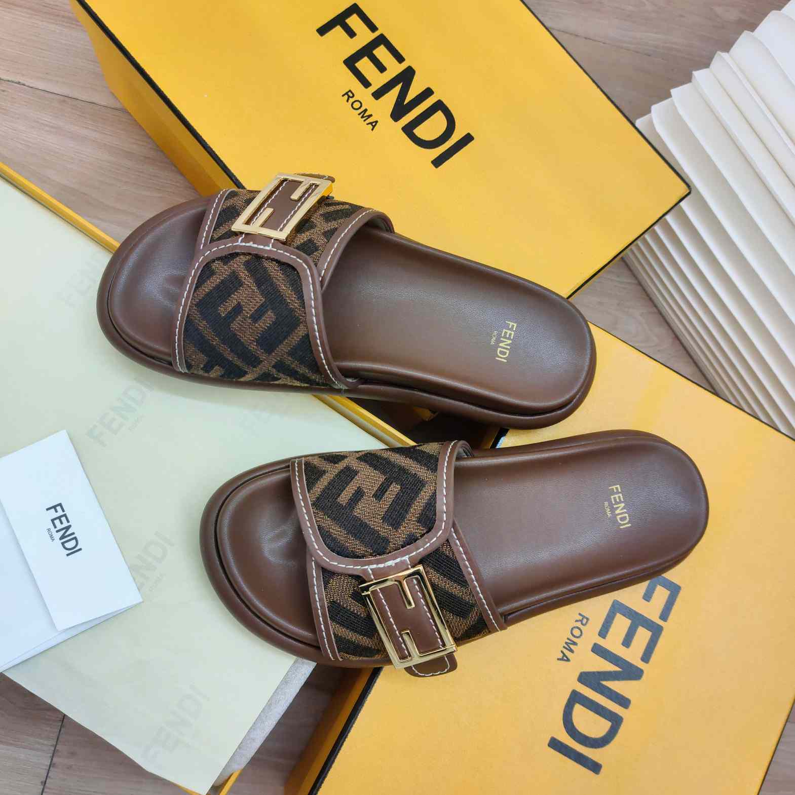 Fendi Feel Brown Fabric Slides - DopestKickz
