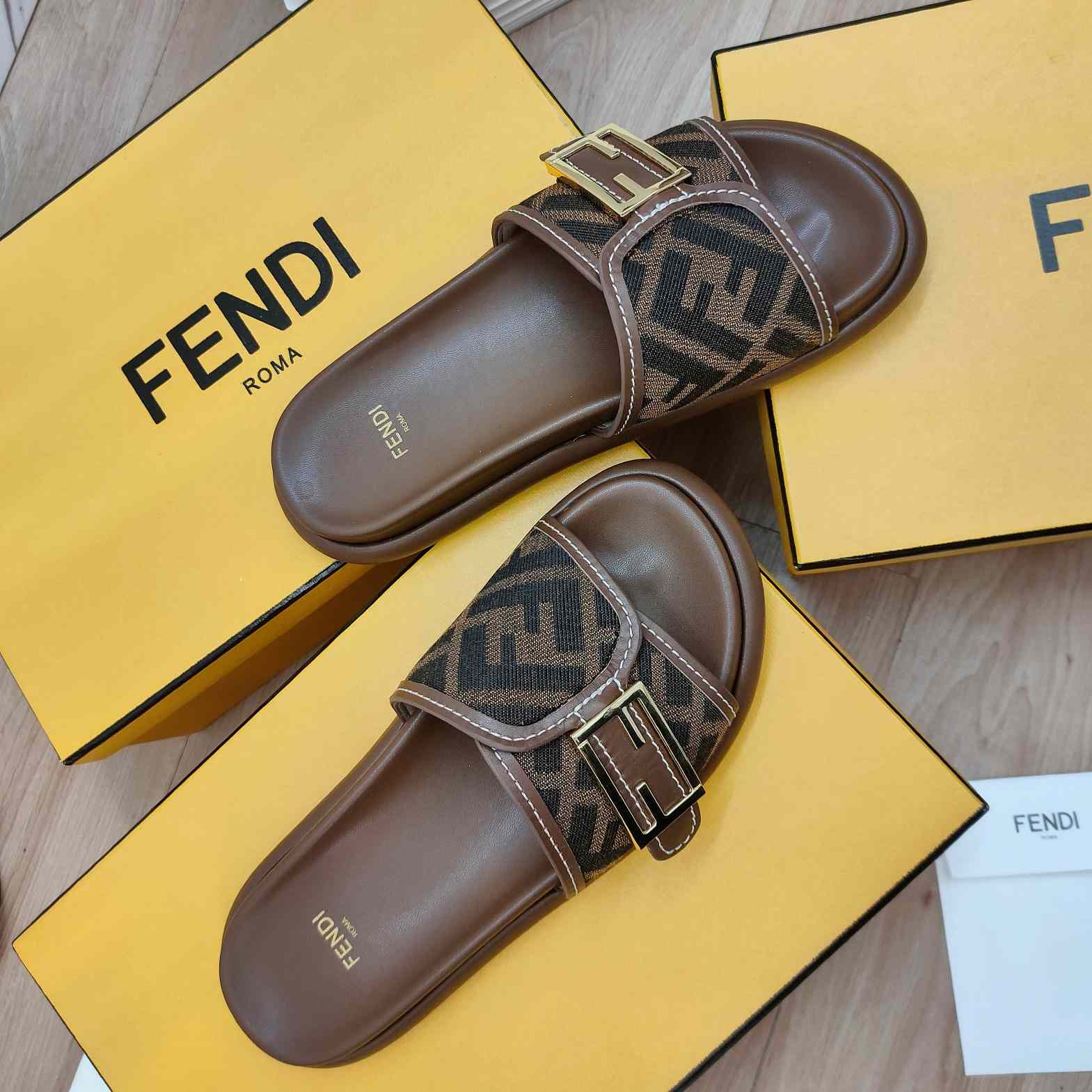Fendi Feel Brown Fabric Slides - DopestKickz
