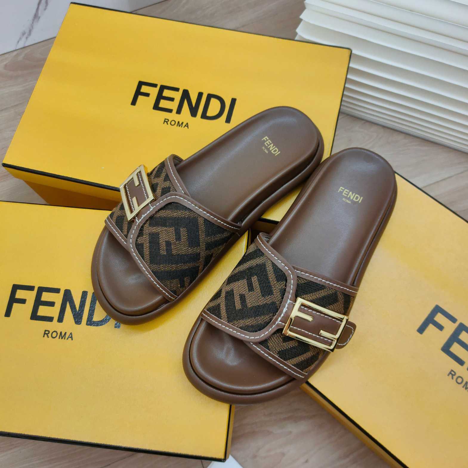 Fendi Feel Brown Fabric Slides - DopestKickz