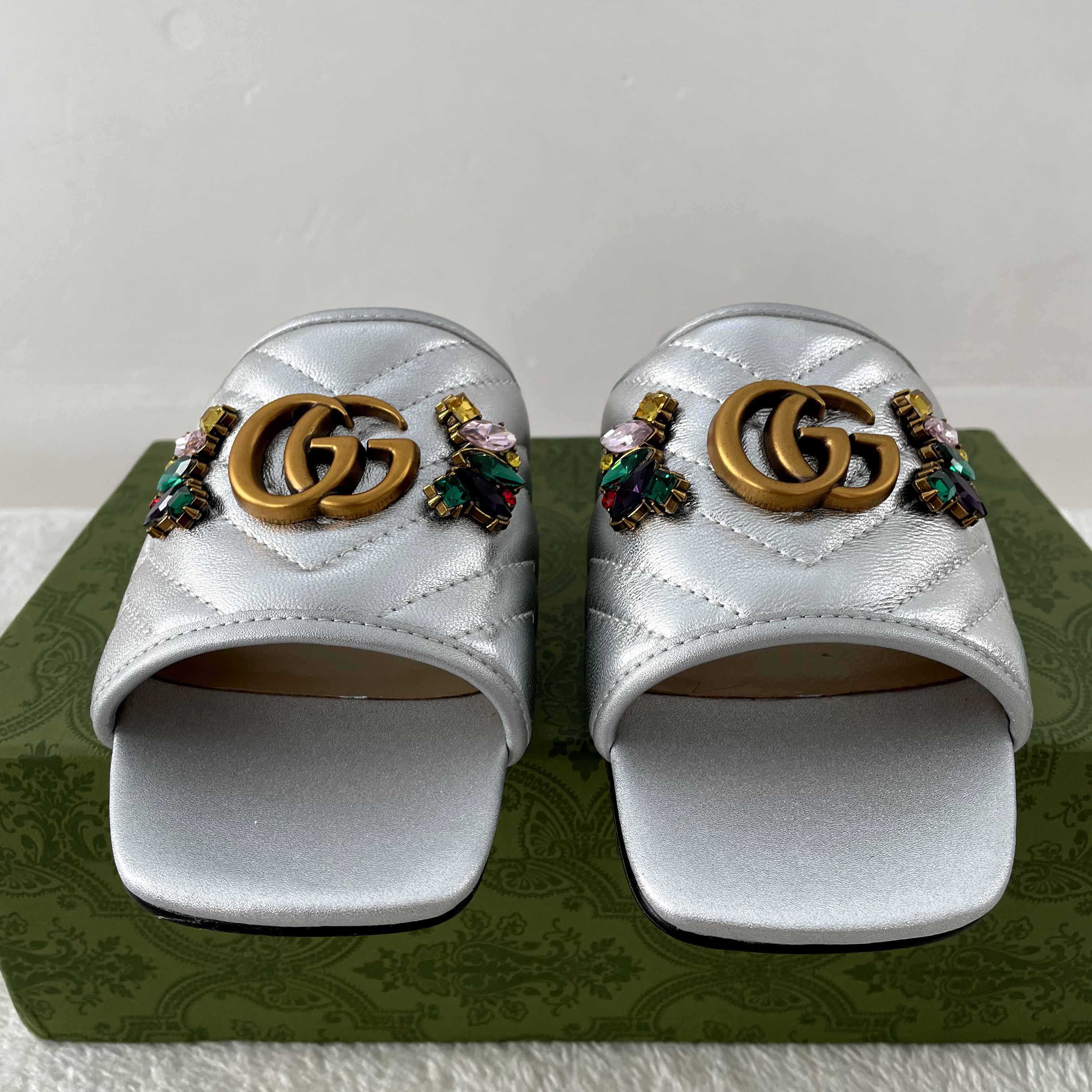 Gucci Women's Crystal Embellished Leather Slide Sandals - DopestKickz