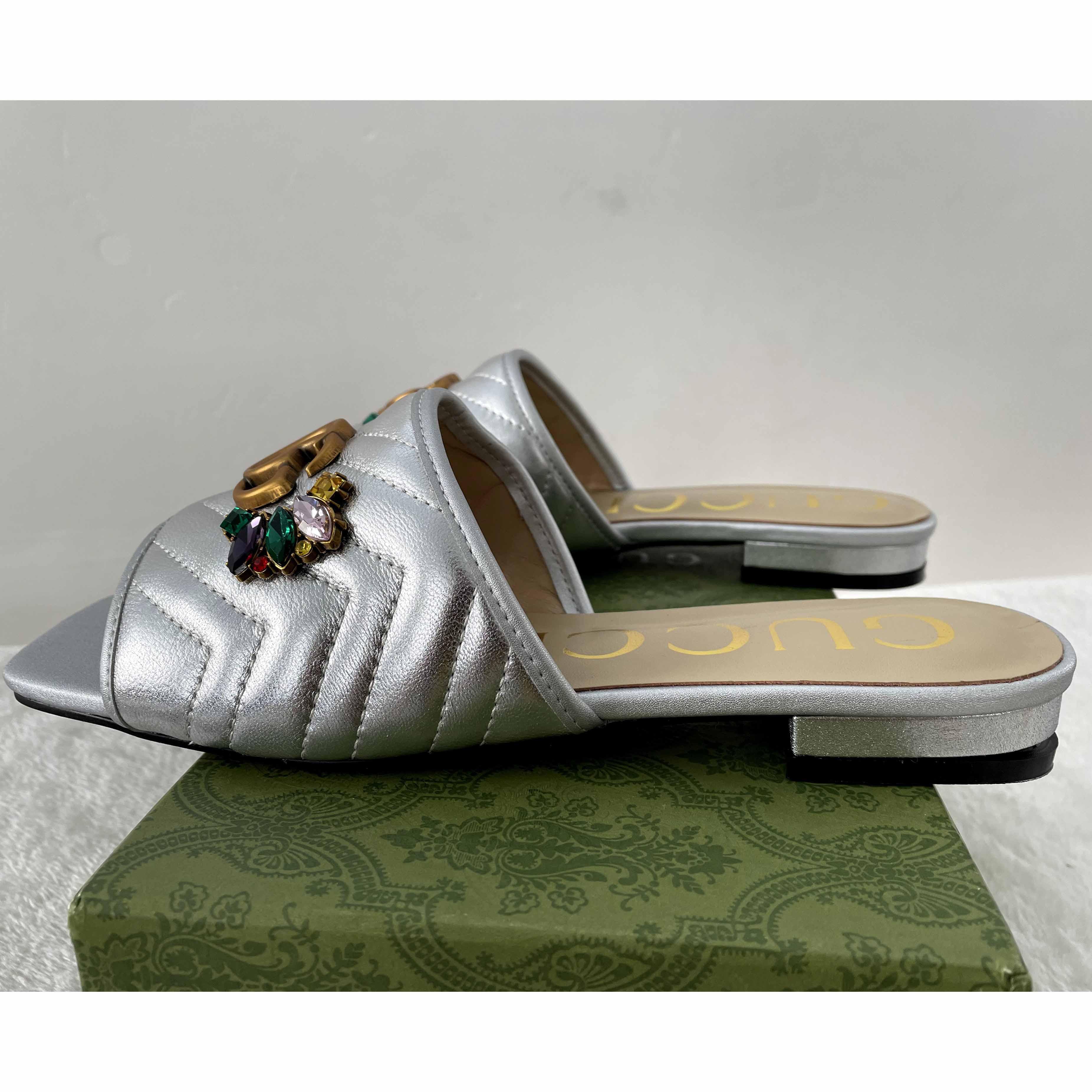 Gucci Women's Crystal Embellished Leather Slide Sandals - DopestKickz