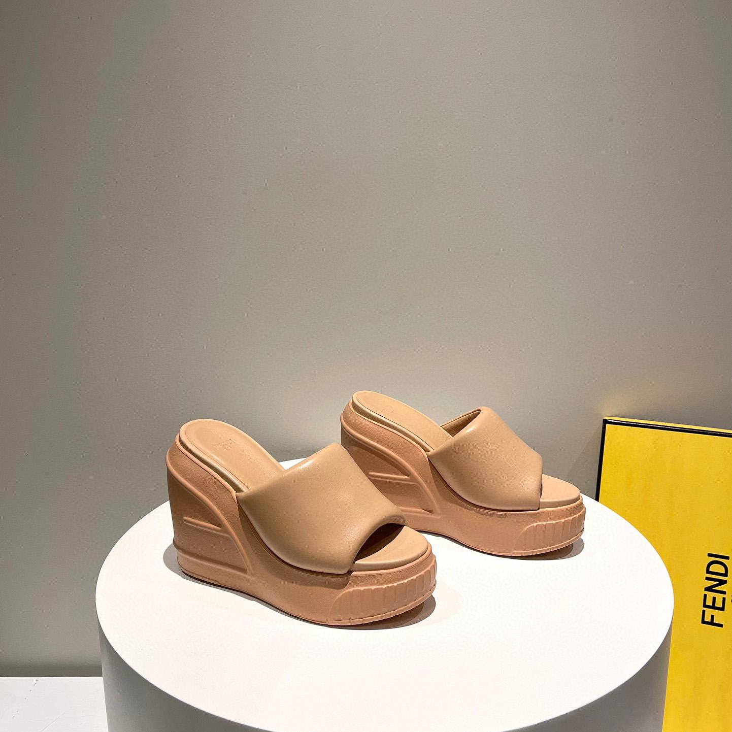 Fendi Fashion Show Beige Nappa Leather Slides - DopestKickz