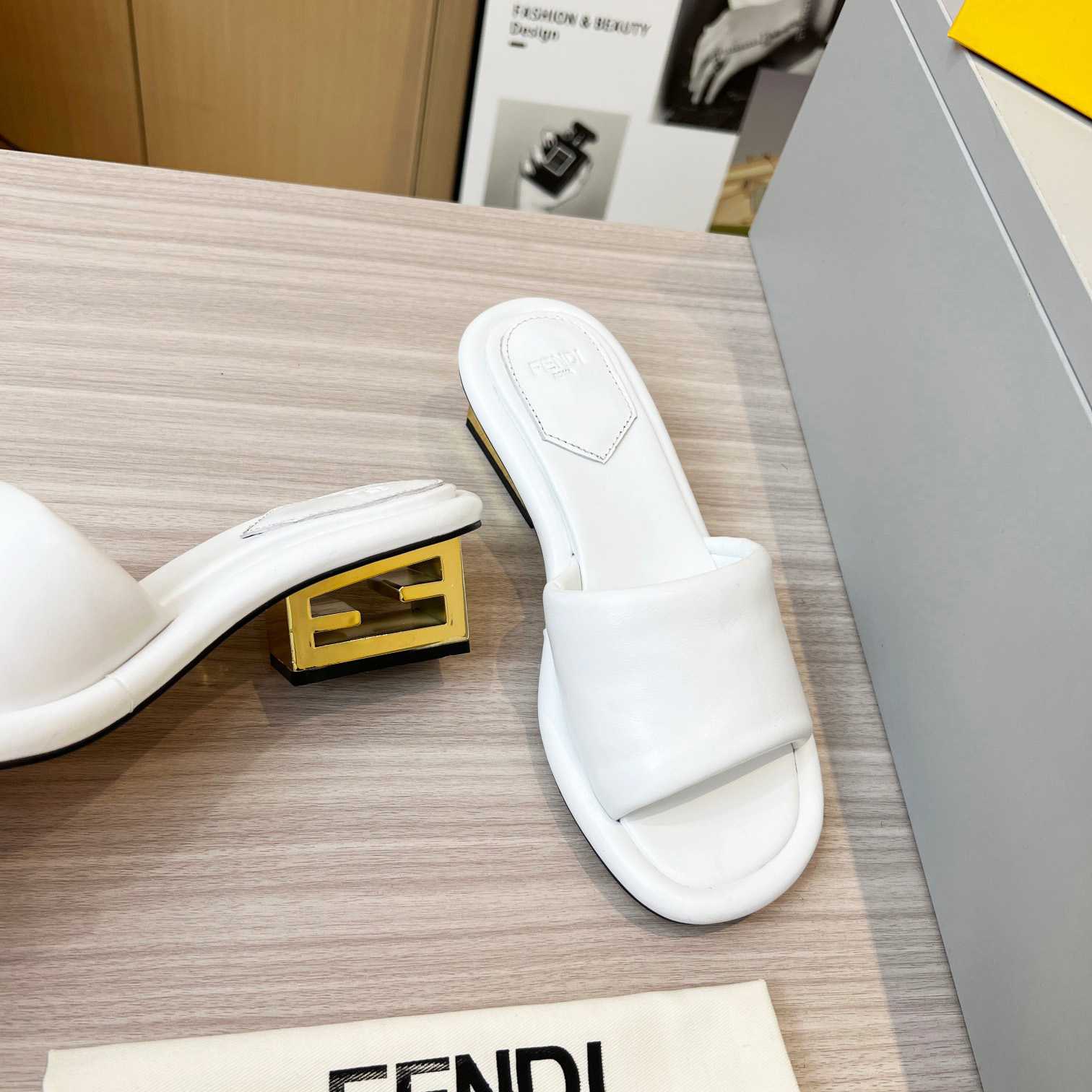Fendi Baguette White Nappa Leather Slides - DopestKickz