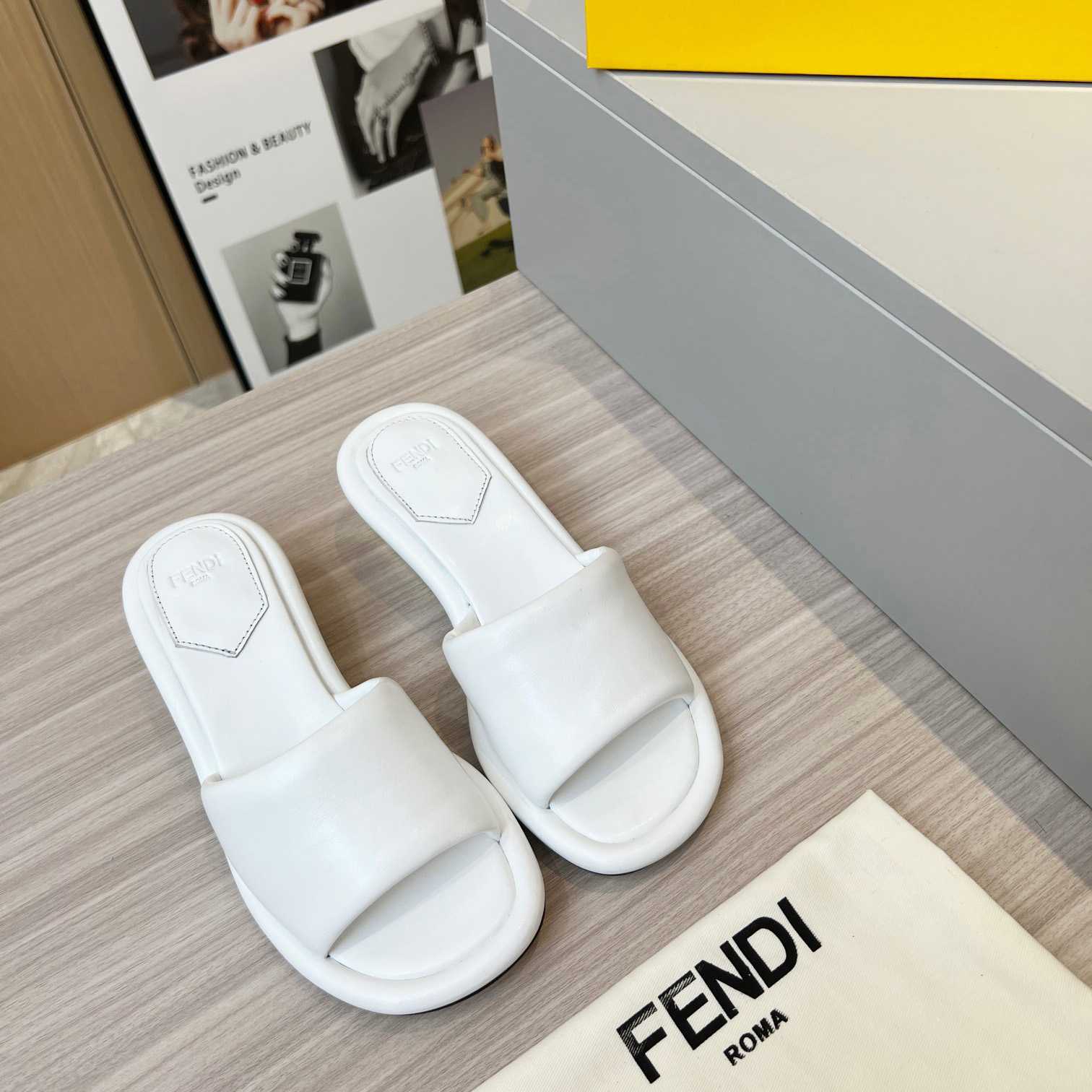 Fendi Baguette White Nappa Leather Slides - DopestKickz
