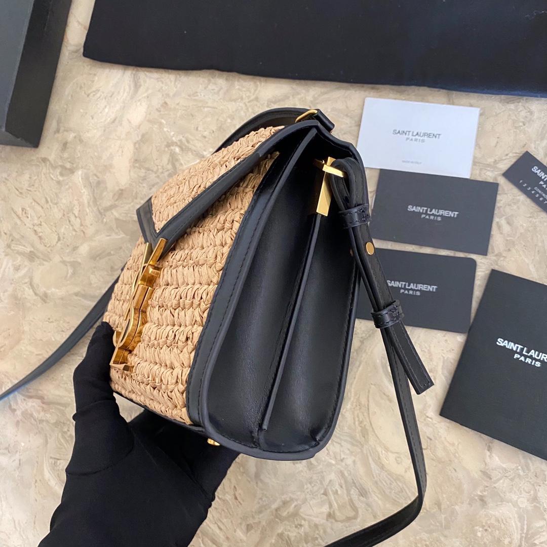 Saint Laurent Cassandra Mini Top Handle Bag In Raffia And Vegetable-Tanned Leather - DopestKickz