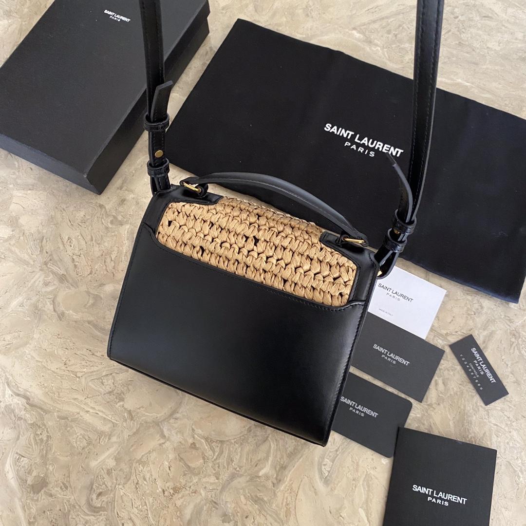 Saint Laurent Cassandra Mini Top Handle Bag In Raffia And Vegetable-Tanned Leather - DopestKickz