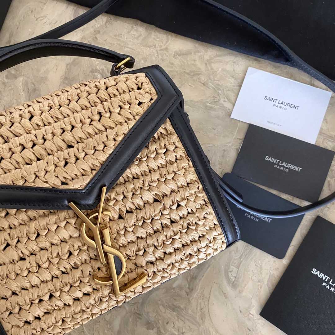 Saint Laurent Cassandra Mini Top Handle Bag In Raffia And Vegetable-Tanned Leather - DopestKickz