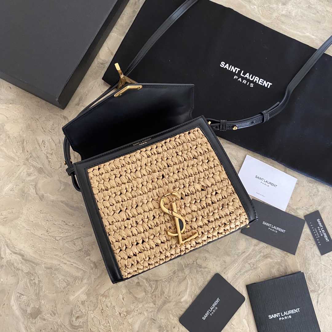 Saint Laurent Cassandra Mini Top Handle Bag In Raffia And Vegetable-Tanned Leather - DopestKickz