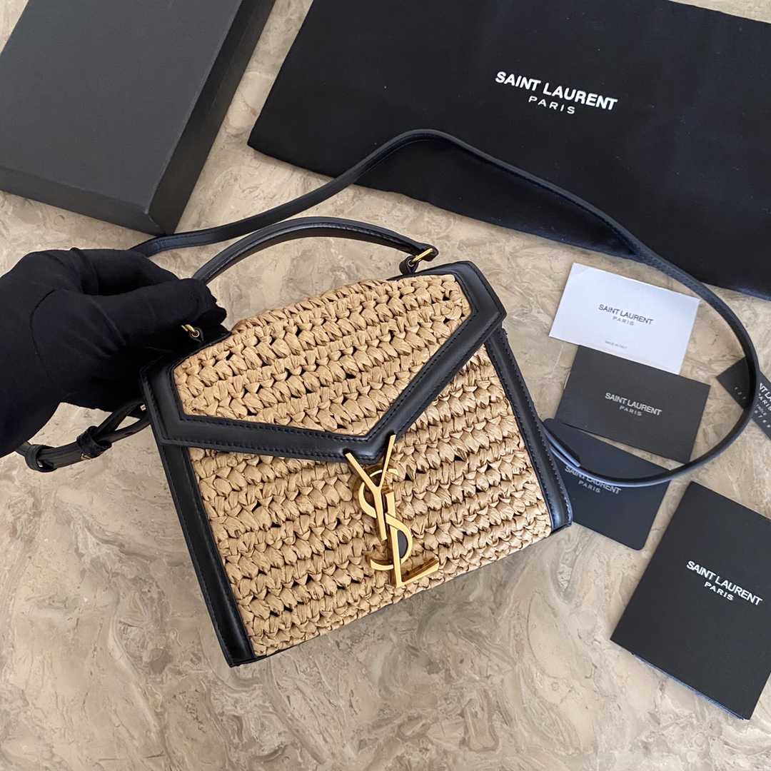 Saint Laurent Cassandra Mini Top Handle Bag In Raffia And Vegetable-Tanned Leather - DopestKickz