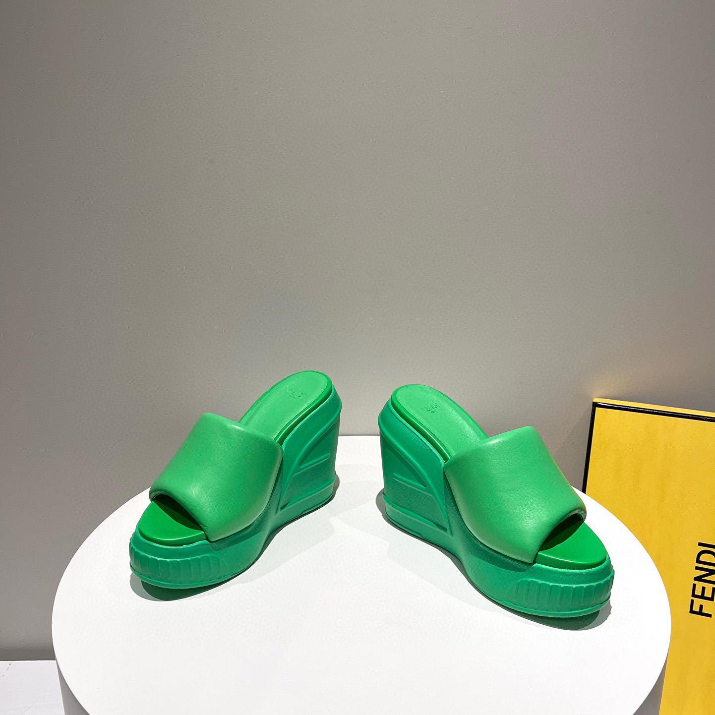 Fendi Fashion Show Green Nappa Leather Slides - DopestKickz