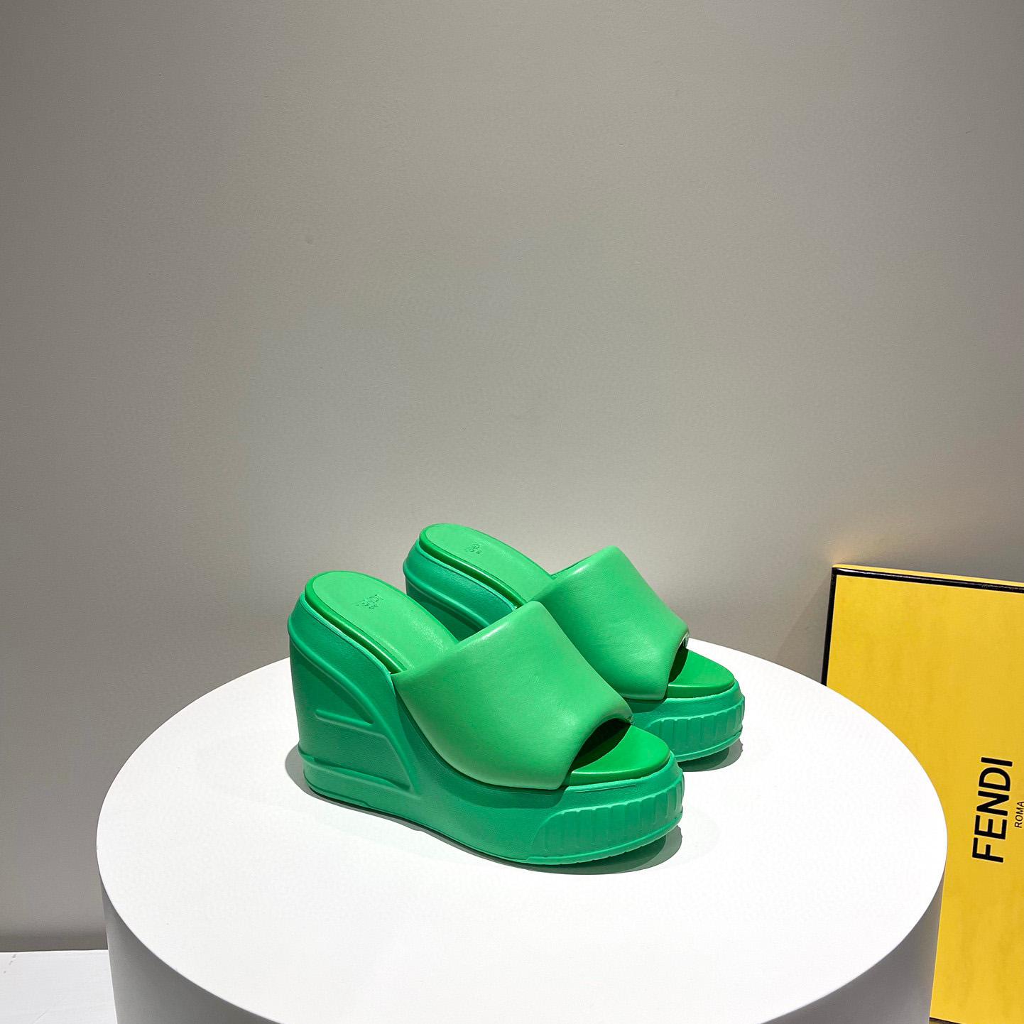 Fendi Fashion Show Green Nappa Leather Slides - DopestKickz