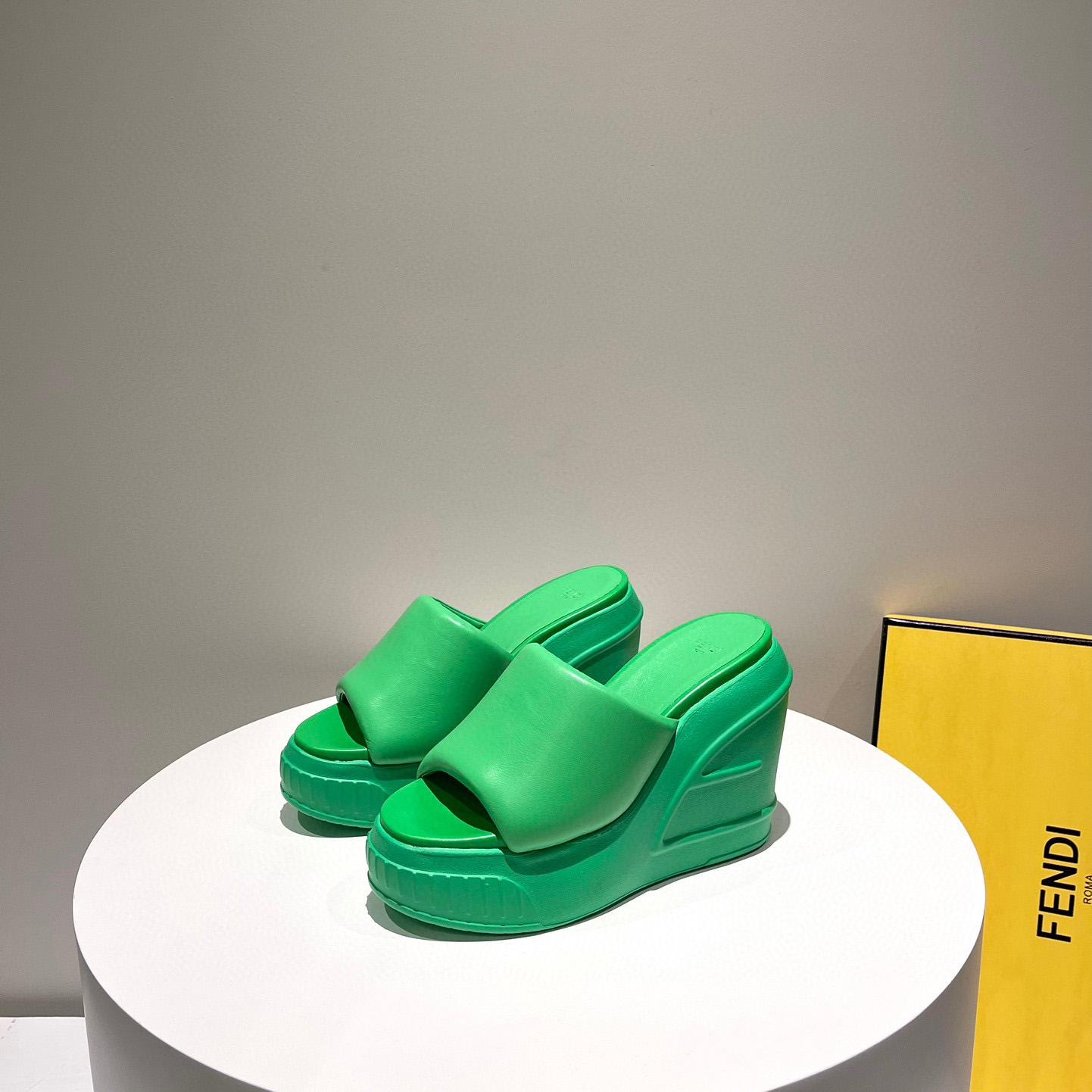 Fendi Fashion Show Green Nappa Leather Slides - DopestKickz