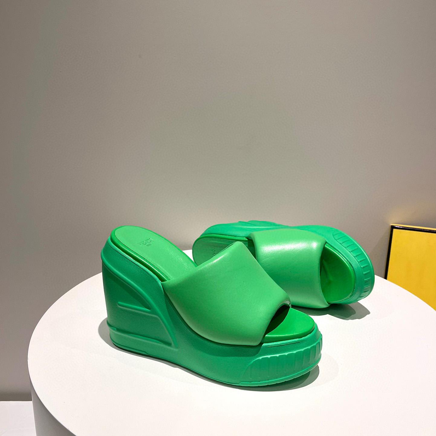 Fendi Fashion Show Green Nappa Leather Slides - DopestKickz