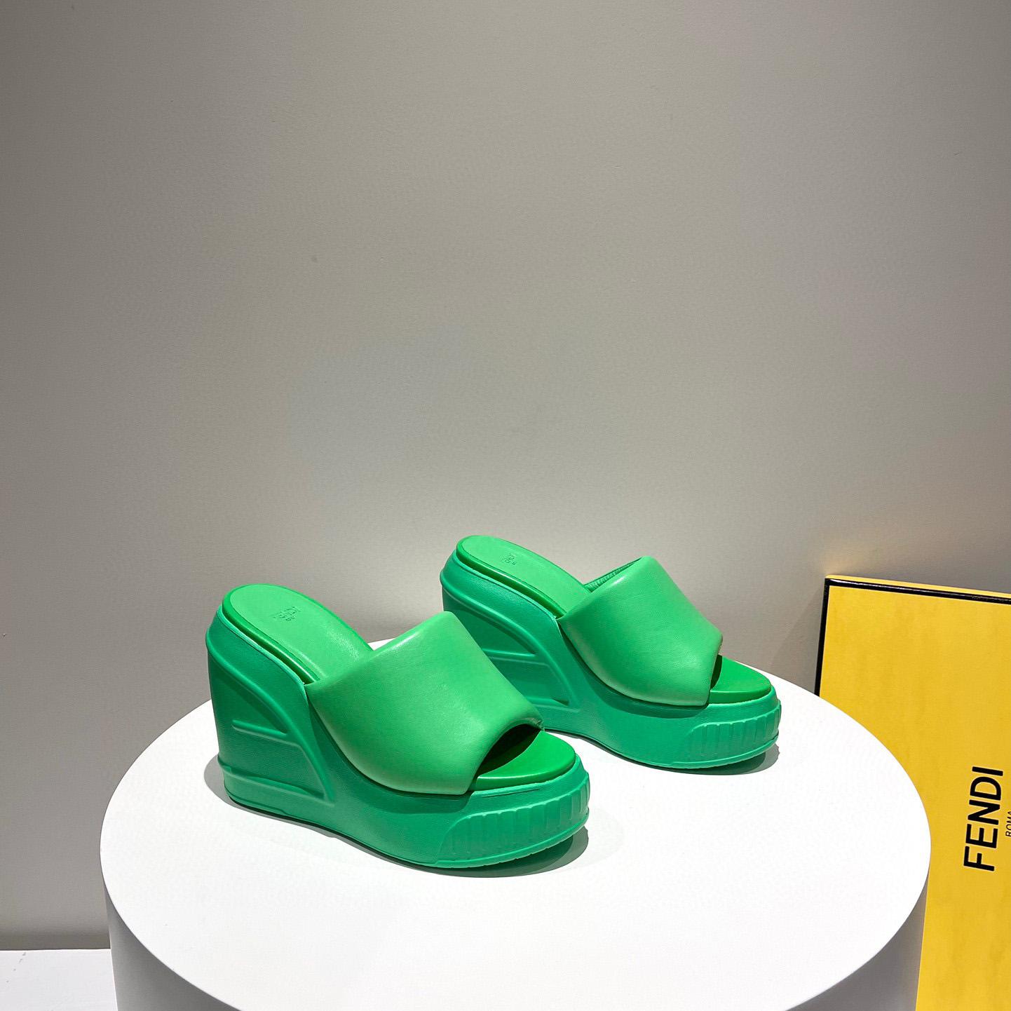 Fendi Fashion Show Green Nappa Leather Slides - DopestKickz