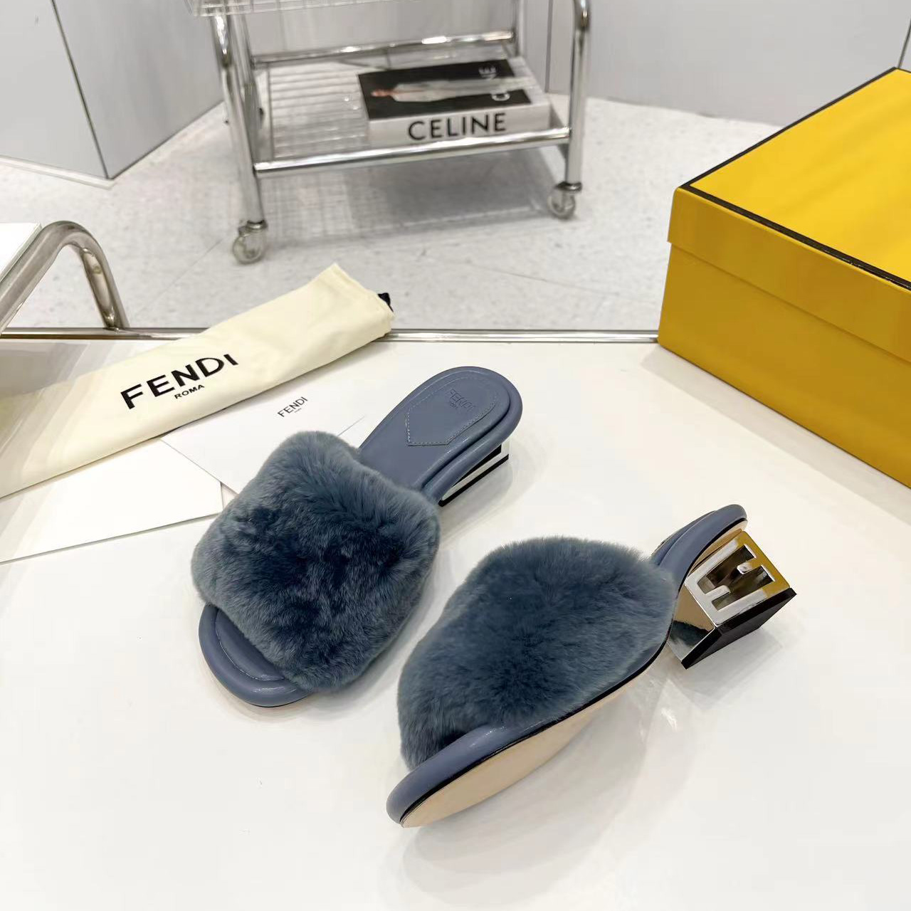 Fendi Baguette Blue Mink Slides - DopestKickz