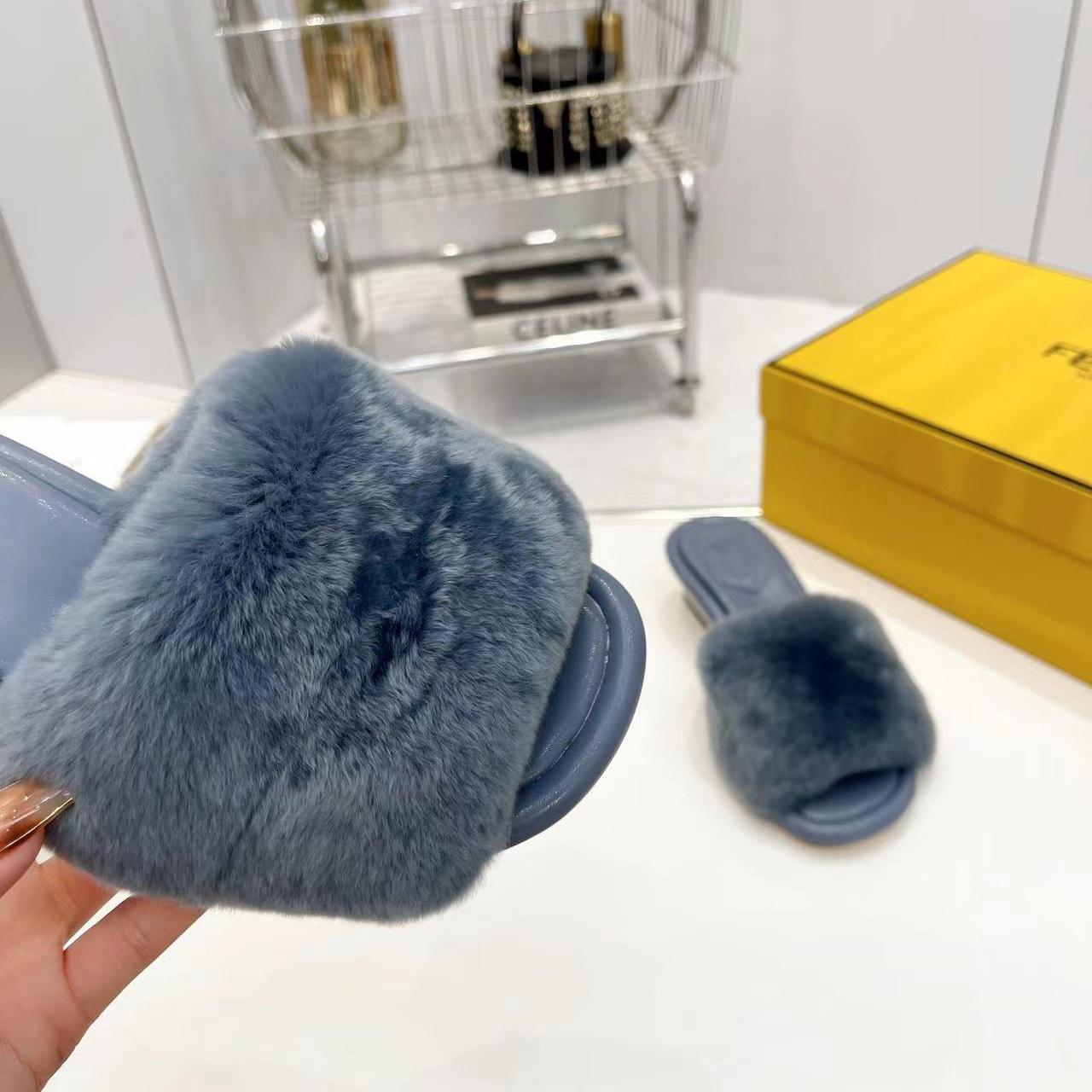 Fendi Baguette Blue Mink Slides - DopestKickz