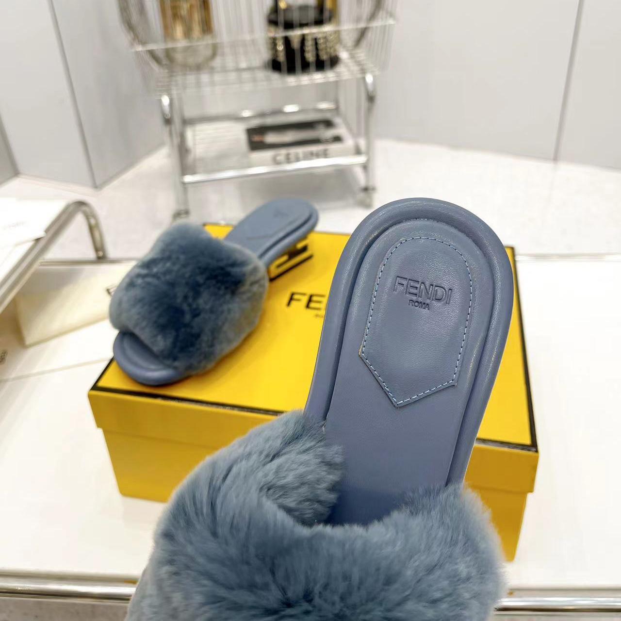 Fendi Baguette Blue Mink Slides - DopestKickz