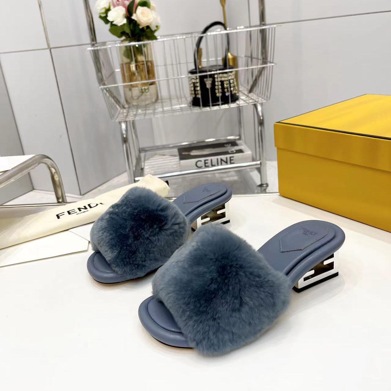Fendi Baguette Blue Mink Slides - DopestKickz