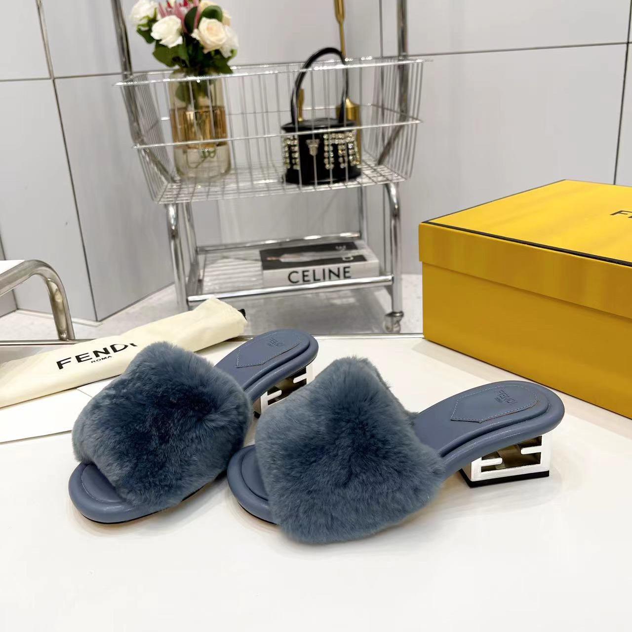 Fendi Baguette Blue Mink Slides - DopestKickz