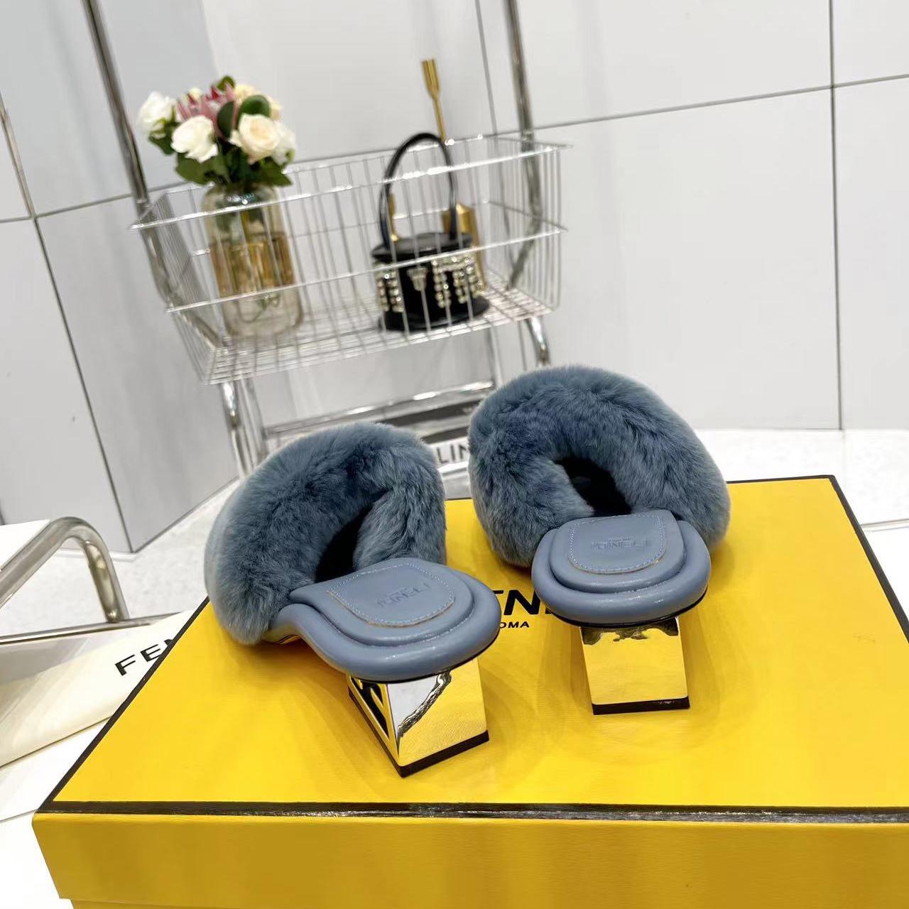 Fendi Baguette Blue Mink Slides - DopestKickz