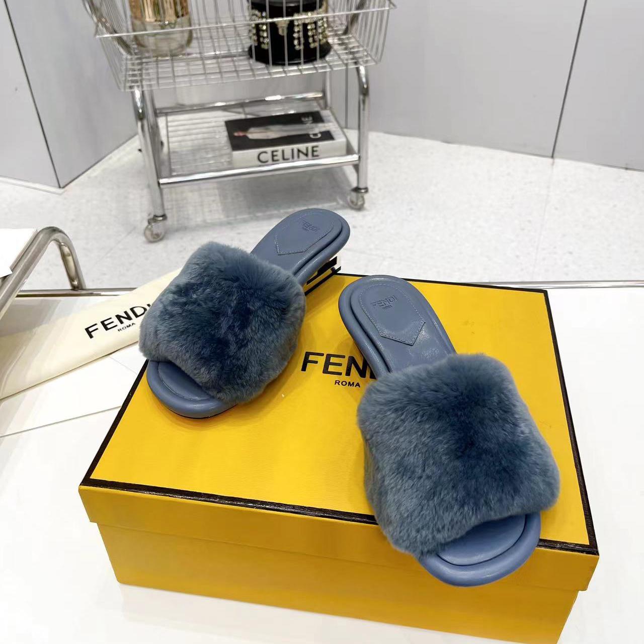 Fendi Baguette Blue Mink Slides - DopestKickz