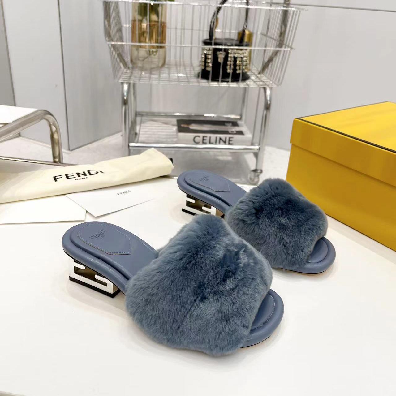 Fendi Baguette Blue Mink Slides - DopestKickz