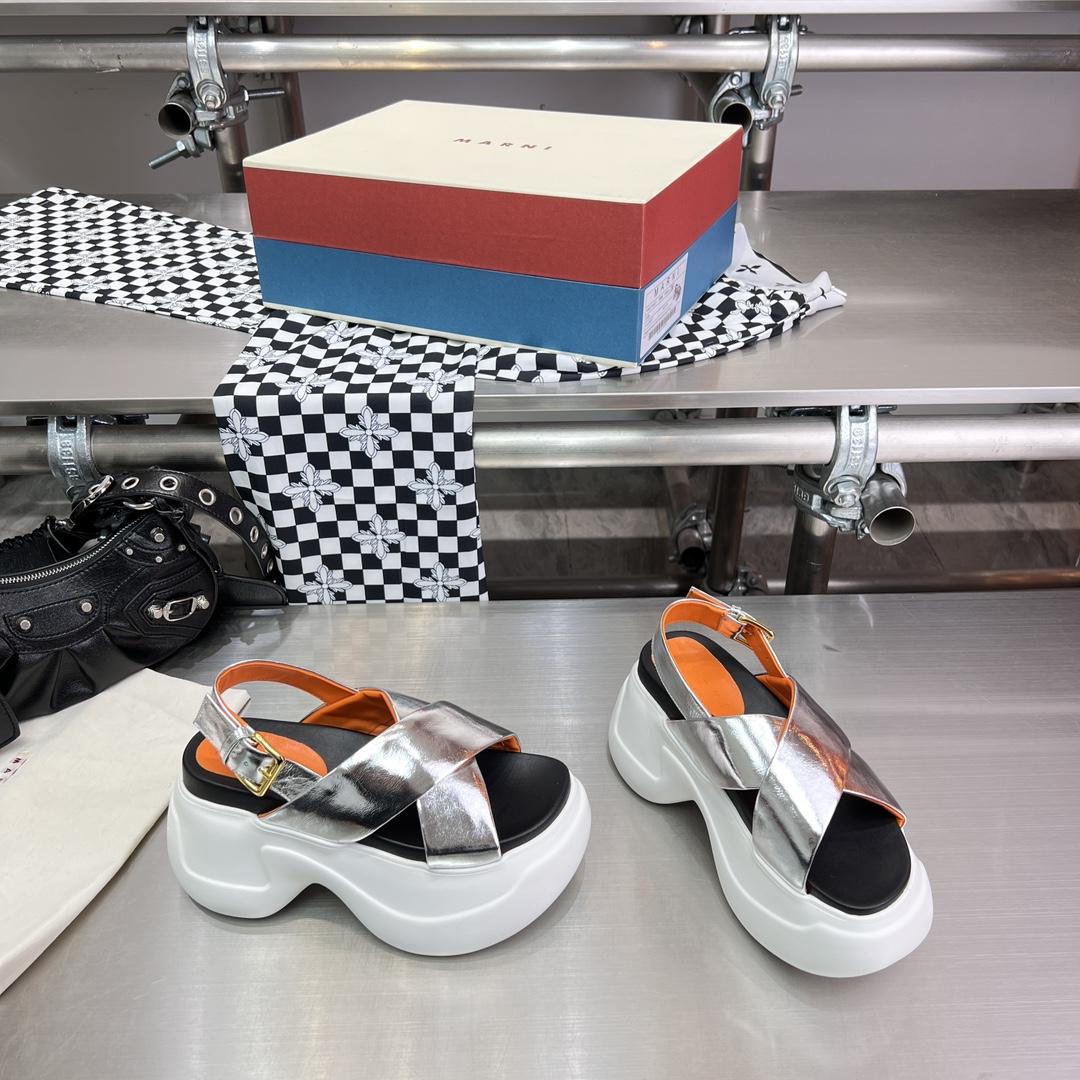 Marni Silver Mirrored Leather Criss-cross Aras 23 Sandal - DopestKickz