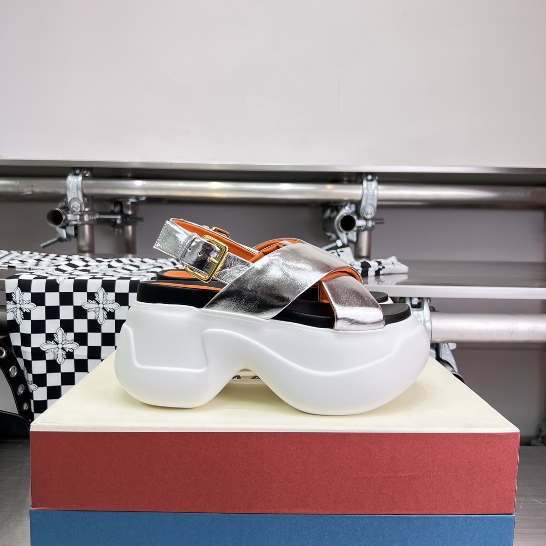 Marni Silver Mirrored Leather Criss-cross Aras 23 Sandal - DopestKickz