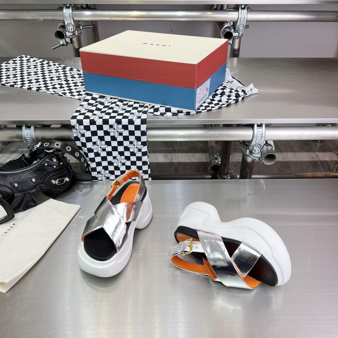Marni Silver Mirrored Leather Criss-cross Aras 23 Sandal - DopestKickz